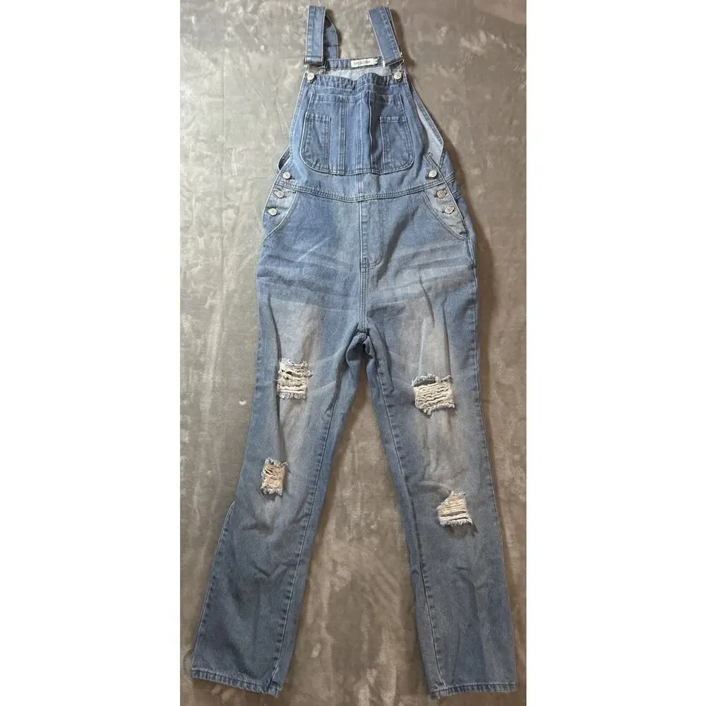 Misslook Jeans Bib Overalls Womens M Distressed Boho Grunge Casual USA - Picture 1 of 11